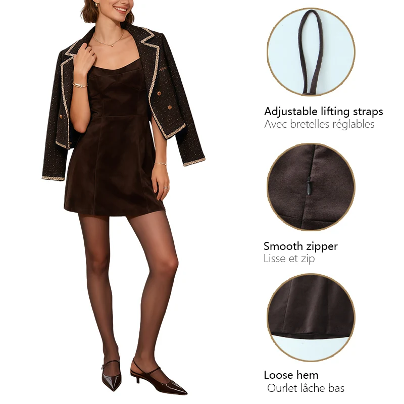 فستان كامي مخملي للنساء بخصر محدد فستان قصير نحيف طراز عتيق مع أشرطة قابلة للتعديل مناسبة للتاريخ والعمل #6