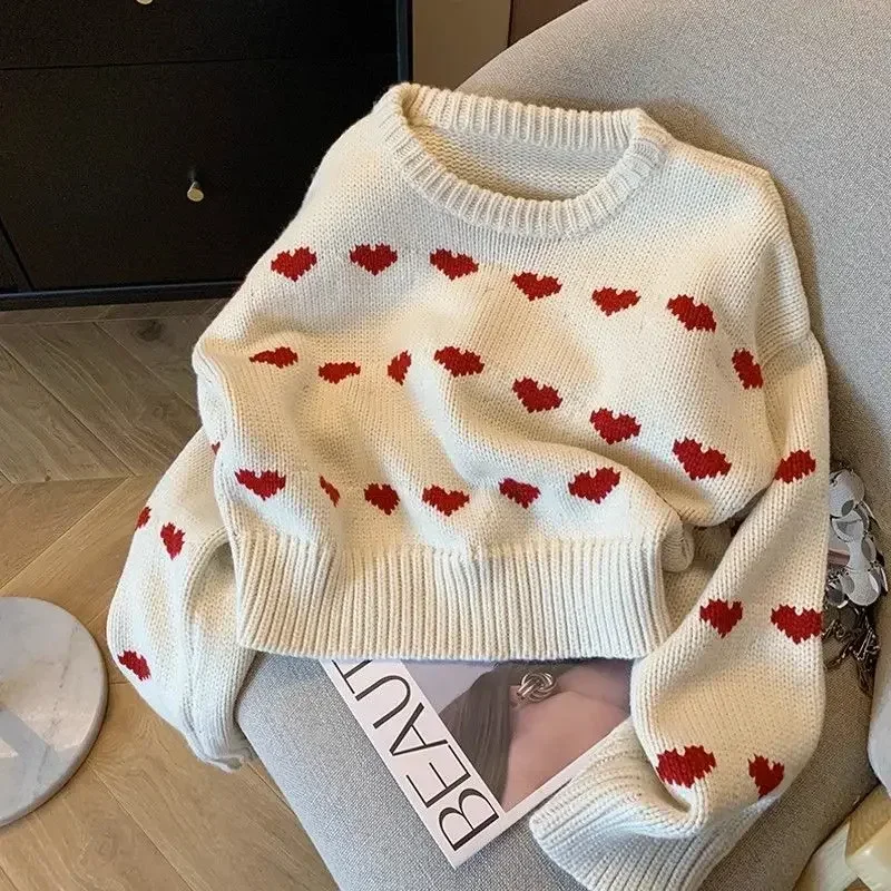 

White Kawaii Women Sweater Harajuku Heart Korean Fashion Long Sleeve Knitted Pullovers Loose Autumn Winter Sweet Casual