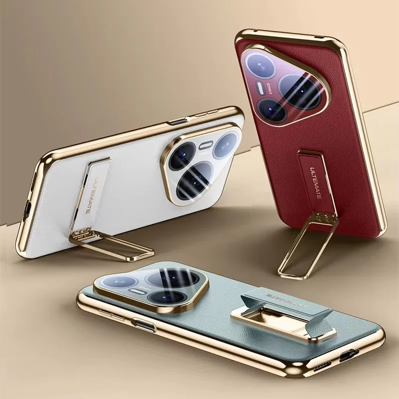 Etui na Huawei Pura 80 Ultra 80 Pro Pura 70 Pro + Slim Cover Luksusowa Skórzana Opaska na Nadgarstek i Metalowa Podstawka Pełna Ochrona Obiektywu