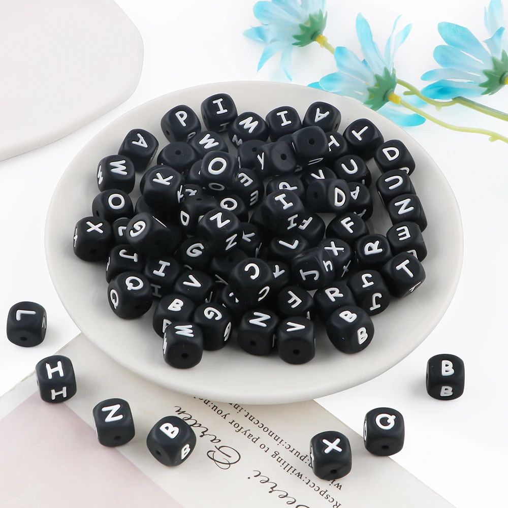 50-100pcs/Lot 12mm Square White Black Letter Silicone Beads For Jewelry DIY Bracelet Necklace Key Chain Etc Handmade Accessories