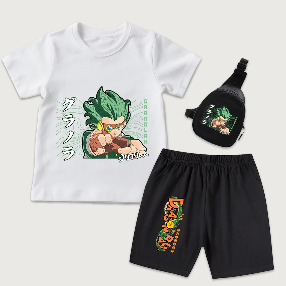 Dbz Granolah Anime Print Kids Cotton T Shirt and Shorts Set with Mini Chest Bag 3 Pieces Casual Summer Outfit for Boys Girls