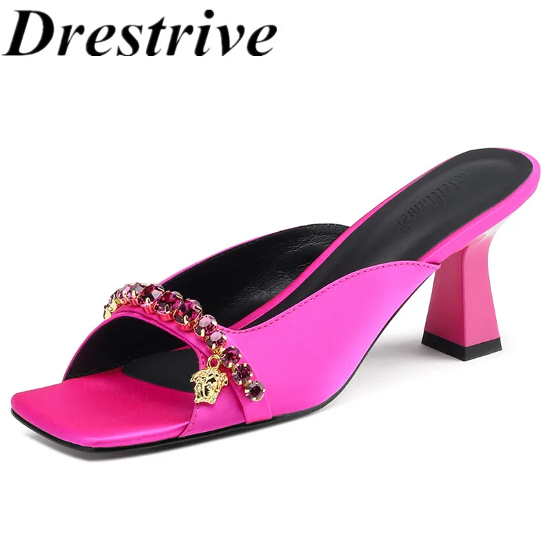 Drestrive 2023 Fashion Women Sandals High Quality Silk Square Toe Chain Crystal Summer Shoes Thin Heels Slipper Elegant