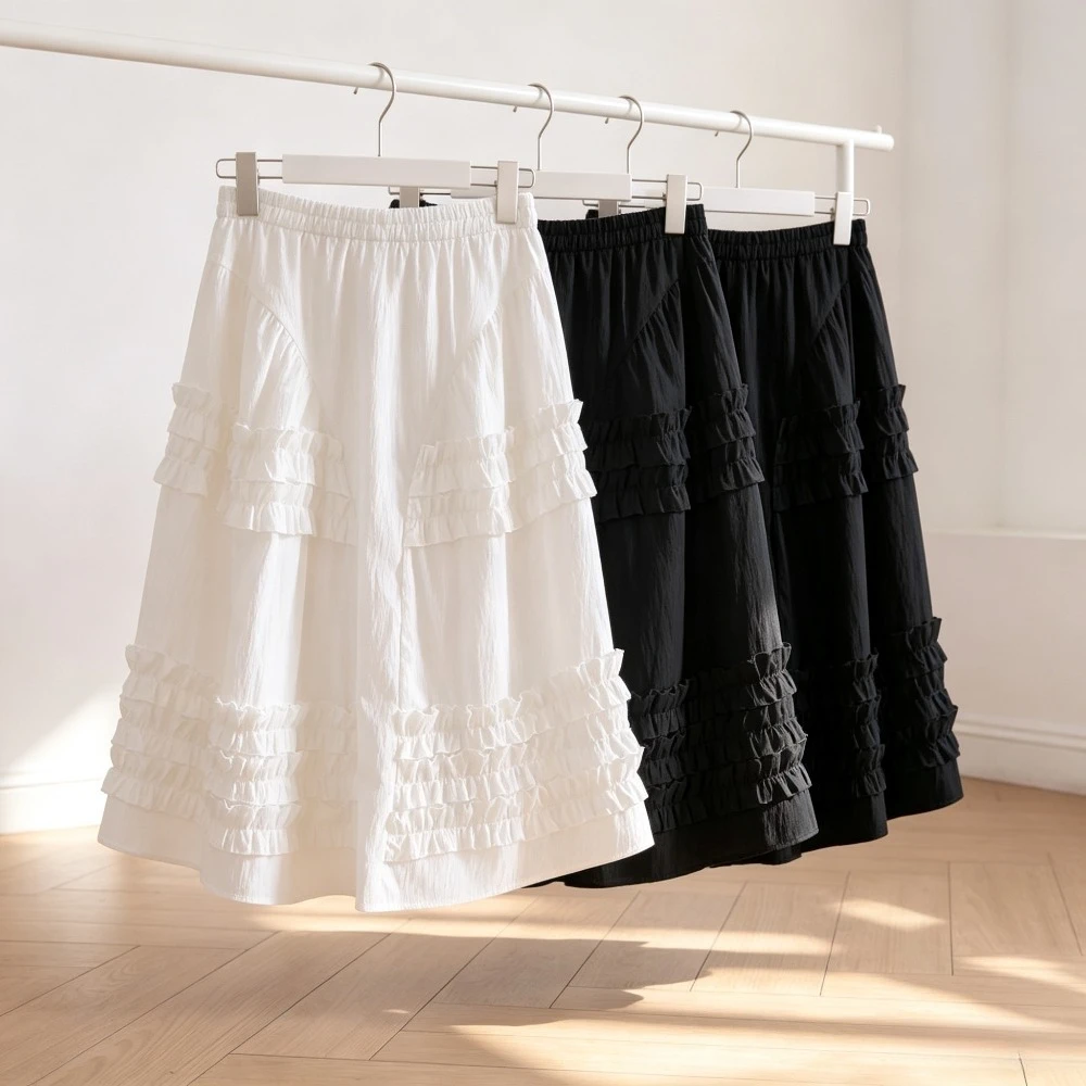 Girls Ruffle Long Skirt Tiered Trim Smocked Waist Flowy Ankle Length Bottoms Kids Vintage Sweet Black White Daily Party Wear