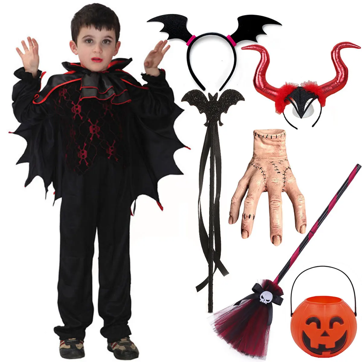 Halloween Easter Carnival Boy Cosplay Classic Nostalgia Horror Vampire Style Skull Print Woven Tulls Decoration Luxury Gown Set