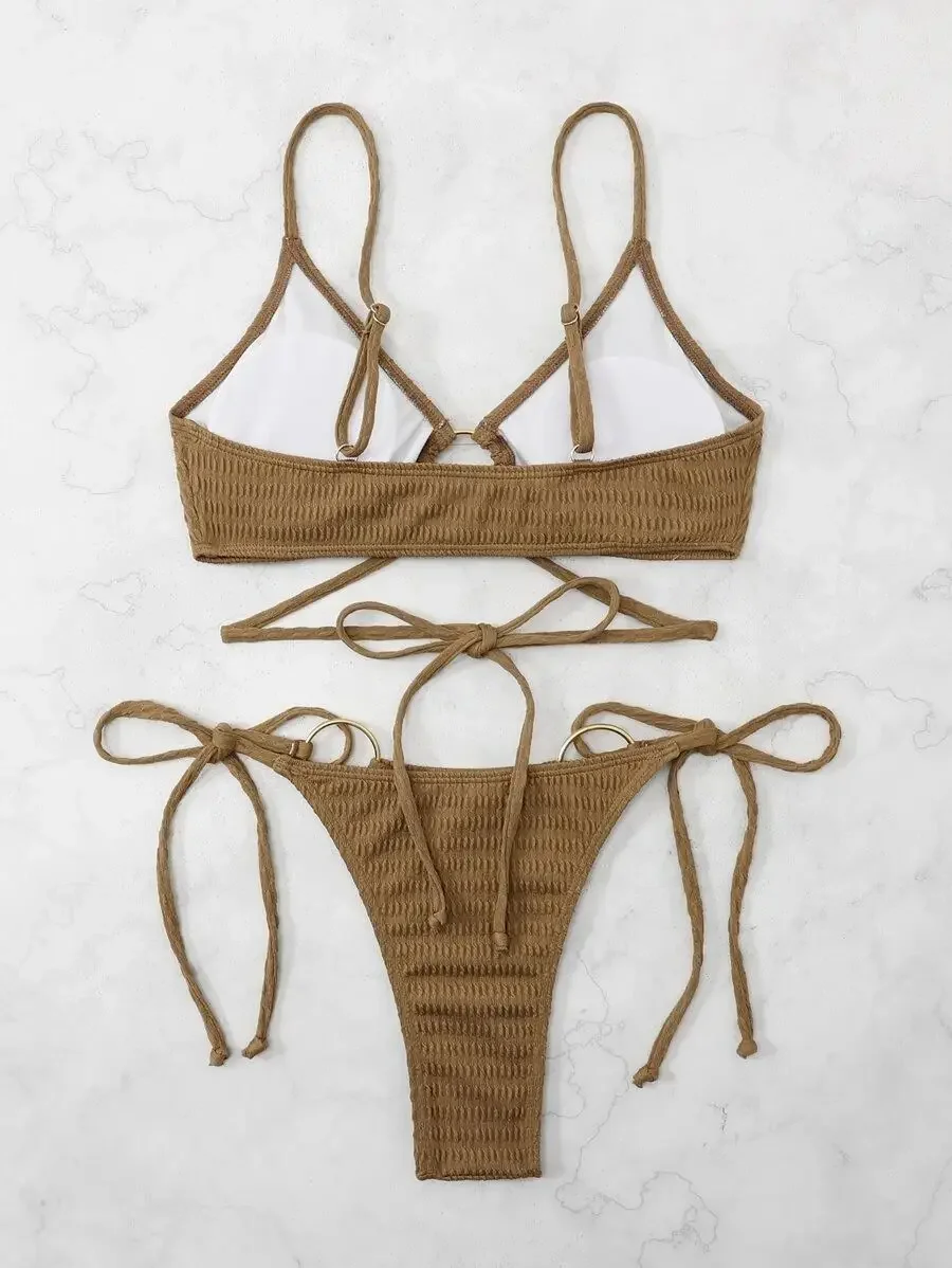 مثير مضلع النسيج رفع البيكينيات النساء حلقة مرتبطة البرازيلي بيكيني سلسلة ملابس السباحة ضمادة ثوب السباحة بحر