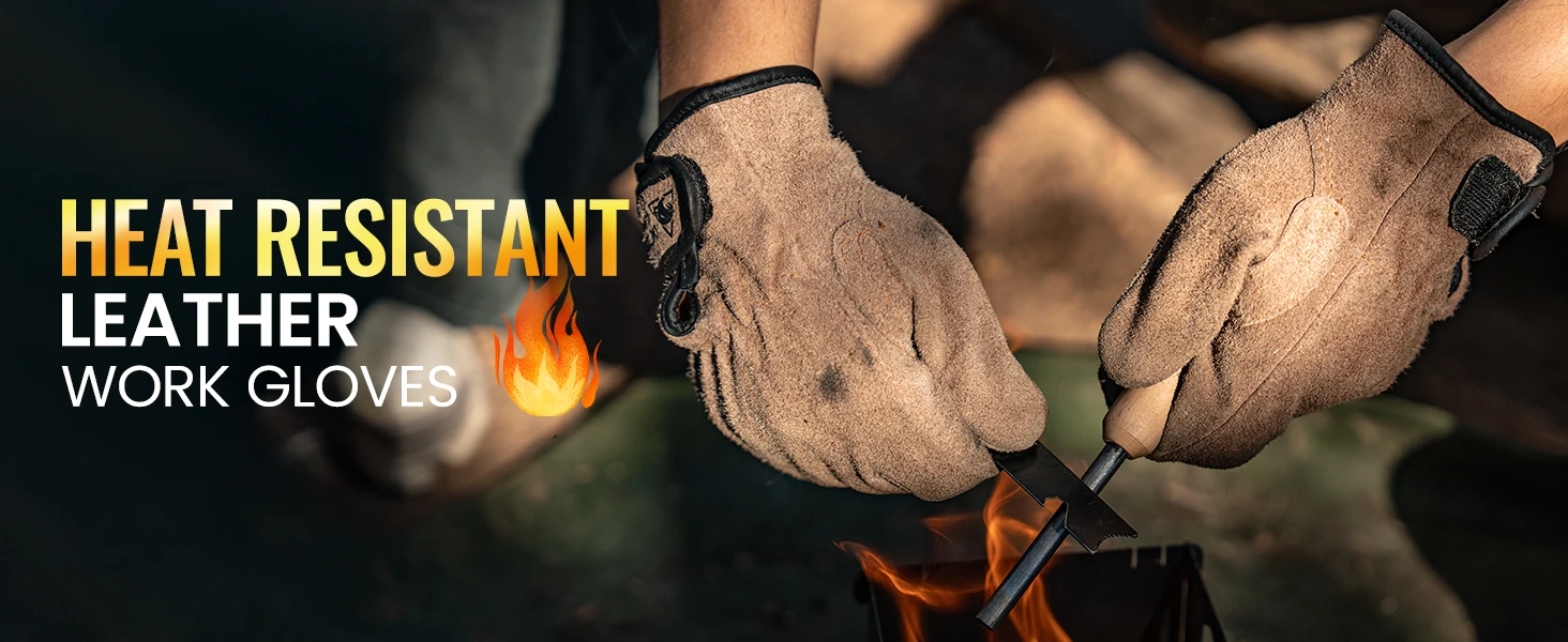 OneTigris Schweißhandschuhe, feuerfeste Leder-Arbeitshandschuhe für Herren/Damen, Forge BBQ, Camping, Holzofen, wärmeisolierendes Rindsleder – Detail 1
