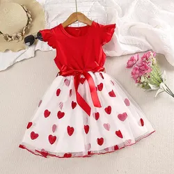 Kids Dress 4-7 Years Red Wing-Sleeve Heart Pattern Patchwork Tulle Dress Baby Girl Birthday Party Festival Costume