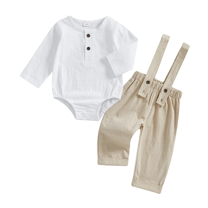 Baby Boys 2PCS Outfit Sets Long Sleeve Crew Neck Button Up Romper Solid Color Suspender Pants Sets