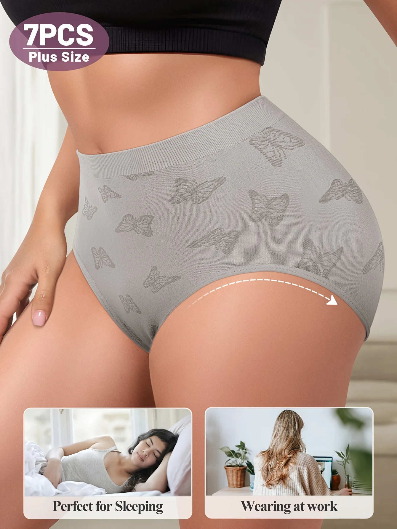 7pcs Women'S Plus Size Underwear with Butterfly Pattern - Soft, Breathable High-Rise Briefs in Assorted Colors (Purple, Pink