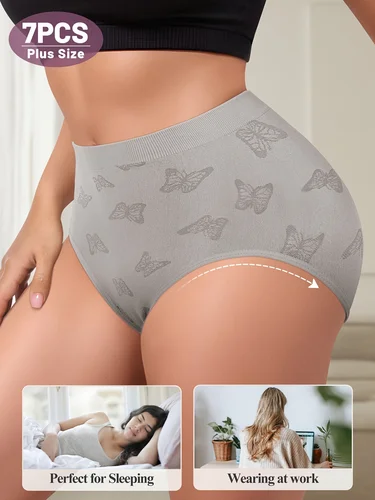 Imagen 2 del producto 7 piezas de ropa interior de talla grande para mujer con estampado de mariposa: calzoncillos suaves y transpirables de tiro alto en colores surtidos (púrpura, rosa