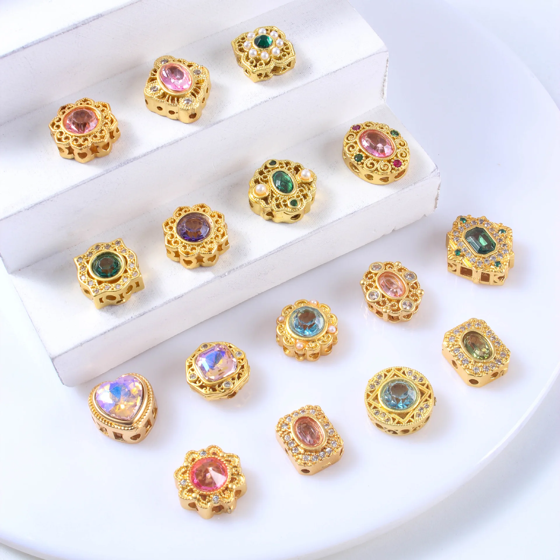 8pcs Copper Gold-plated Zircon Porous Ring Face Transport Caibao Bead DIY Necklace Bracelet Jewelry Accessories Beading Material