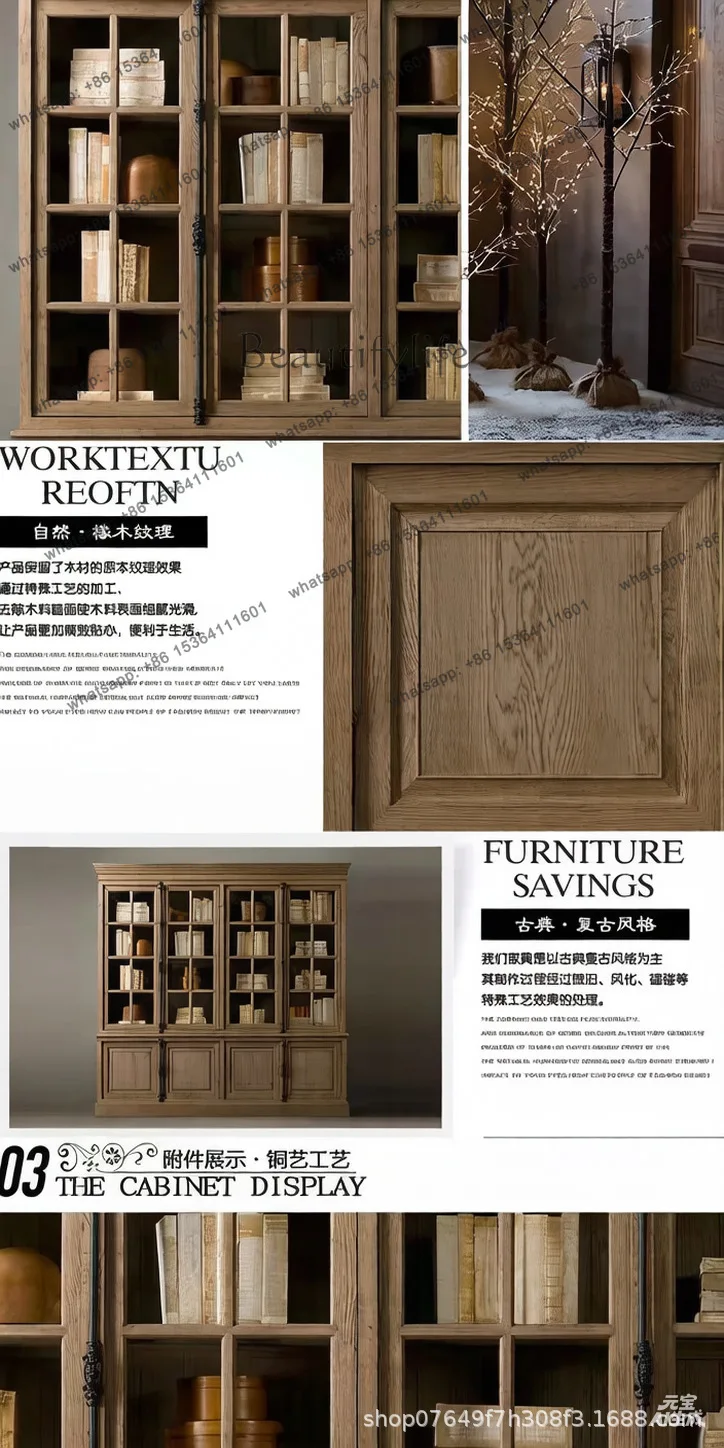 American solid wood bookcase with glass door household bookshelf dustproof floor-to-wall storage cabinet - view 5