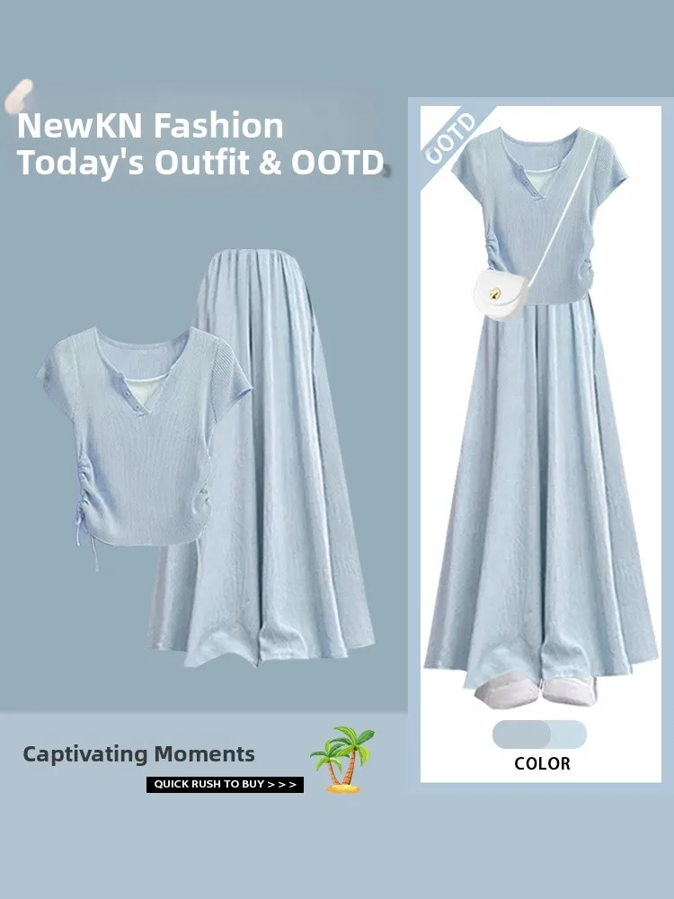 Maglieria coreana in due pezzi finta Sle ort Sve Pantaloni larghi con gonna a f Set in due pezzi Abito estivo dimagrante da donna