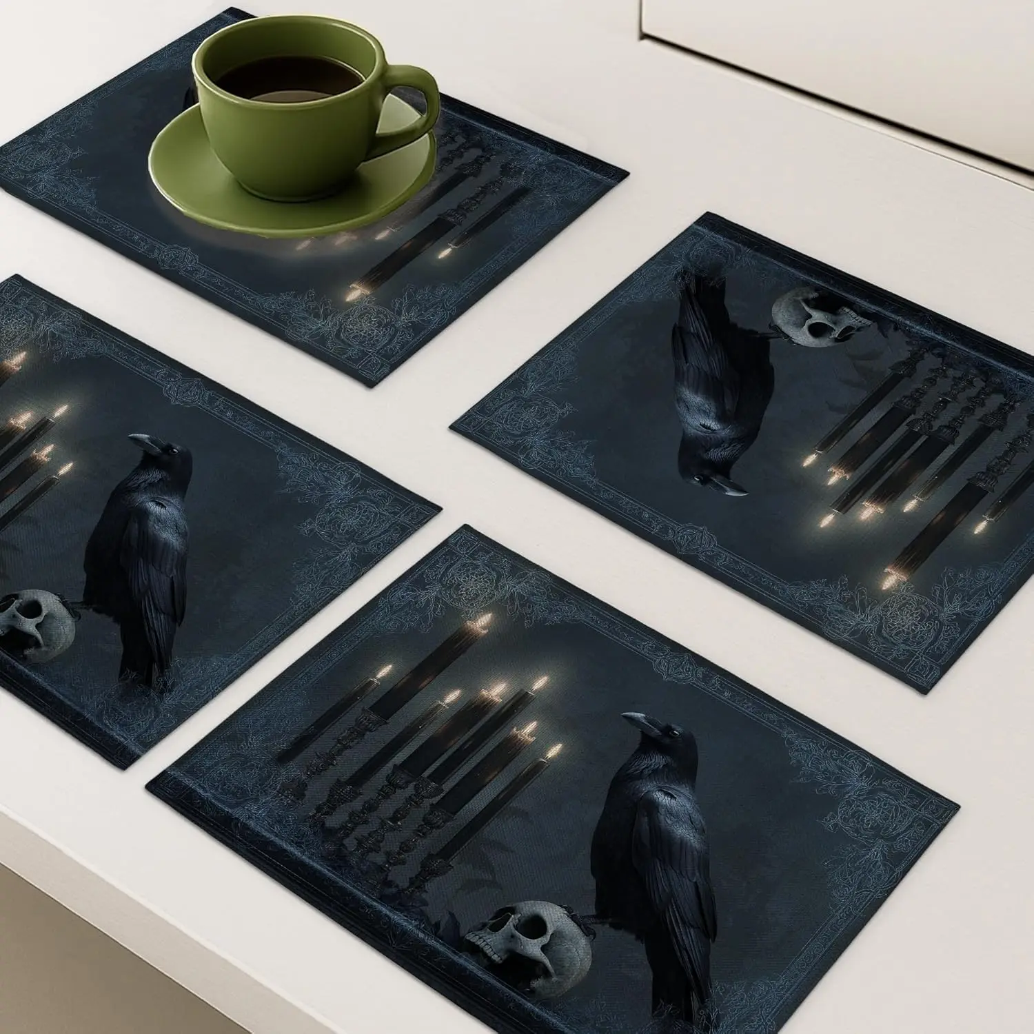 Gothic Black Raven Placemats, Dark Halloween Table Mats for Dining Room, Non-Slip Washable Indoor Outdoor Placemats Set of 4