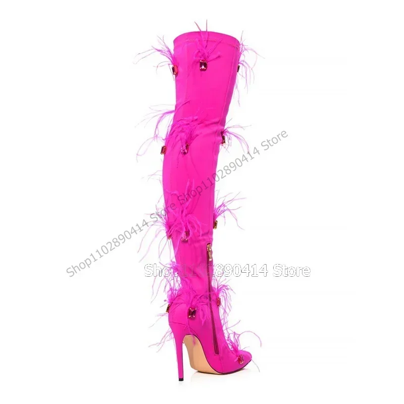 Rose Red Feather Crystal Decor Pointed Toe Boots Side Zipper Women Shoes Thin High Heels Novel Fashion 2026 Zapatos Para Mujere