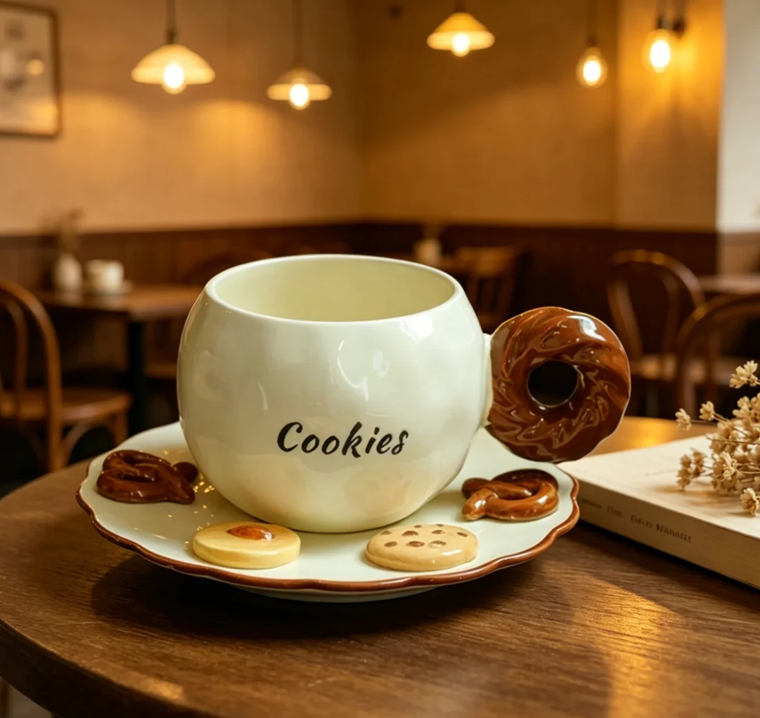 クッキーをテーマにしたセラミックコーヒーマグとソーサーセット - Coffee Tea Love のレビューと価格