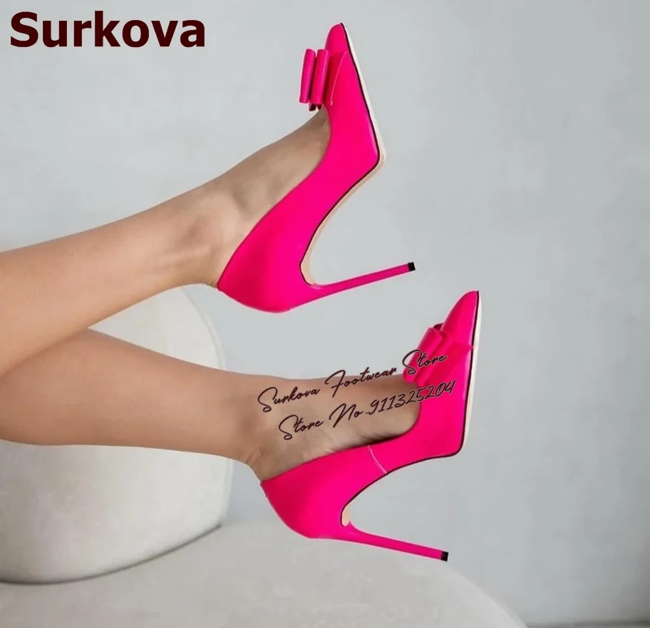 

Surkova Pink Patent Lether Butterfly-Knot High Heel Shoes Thin High Heel Big Bowtie Slip-On Shallow Dress Pumps Pointed Toe