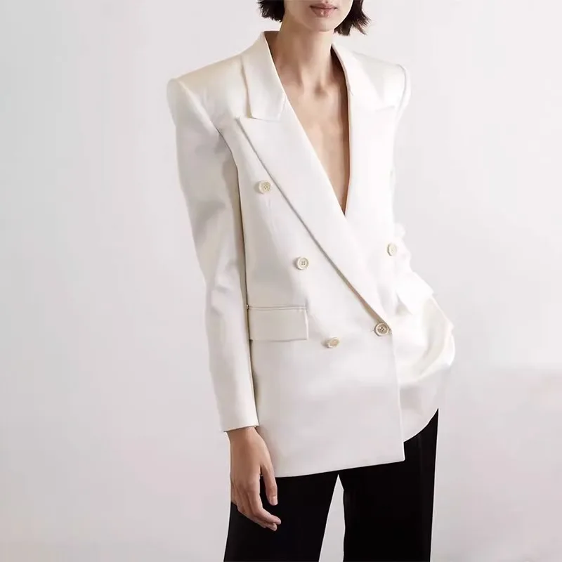 Dave&di Minimalist Double Breasted Design With Silk Satin Shoulder Pads Long Sleeved Suit For Women 2025 Spring And Autumn New