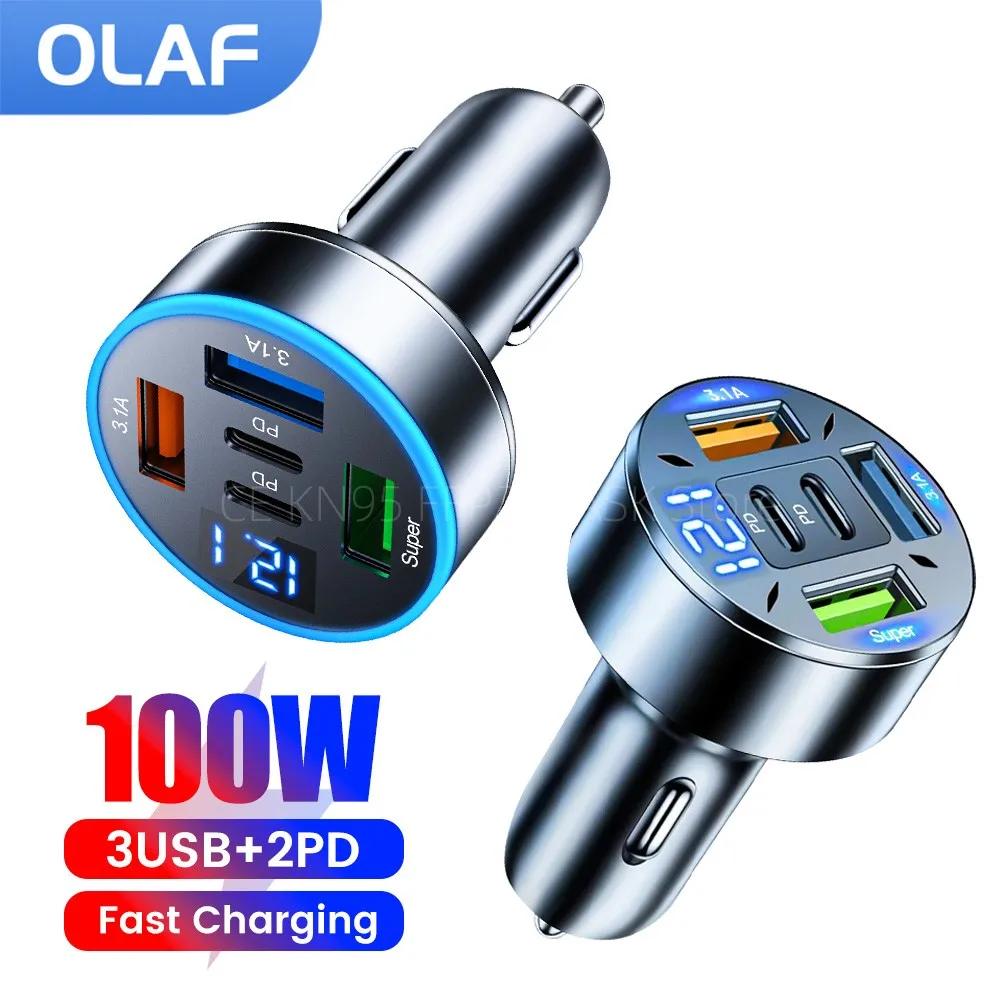 100W อะแดปเตอร์ที่ชาร์จในรถ5in1 USB Type C PD ชาร์จเร็ว LED หน้าจอดิจิตอลโทรศัพท์มือถือสำหรับ iPhone Xiaomi Huawei