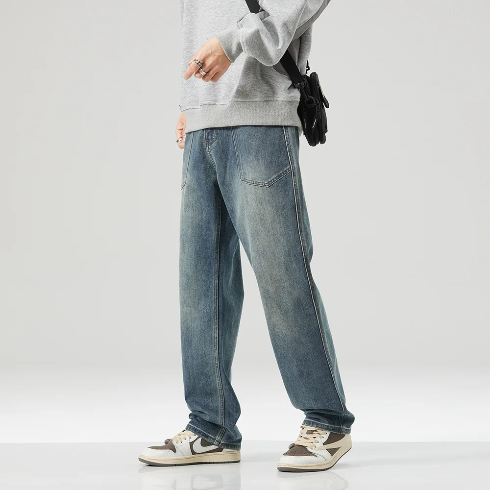 High quality long straight jeans for men big size stone wash cotton denim casual vintage loose trousers new 2024 clothing - blue