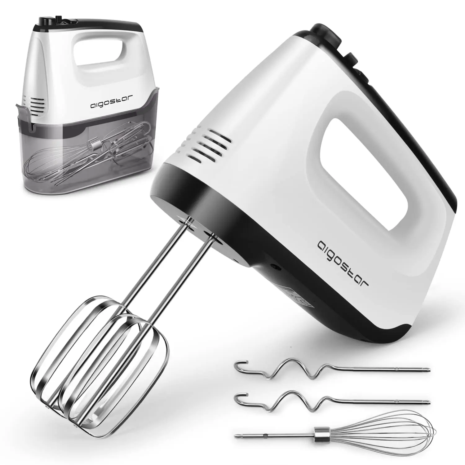 Aigostar Pudding 6-speed 400 W mixer, Rod mixer, Turbo function. Includes 2 Rod beaters, 2 kneading hooks, 1 Whisk and storage box.