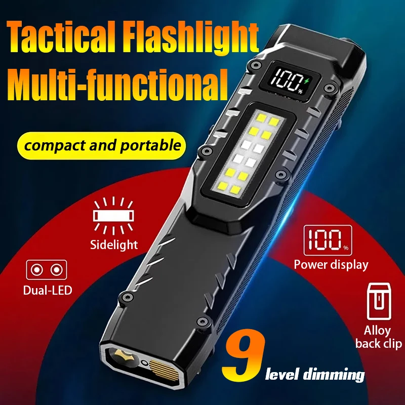 مصباح يدوي تكتيكي متعدد الوظائف COB ضوء عمل مع وضع الضوء الأحمر للأشعة فوق البنفسجية والتحكم المزدوج في التبديل USB C قابل لإعادة الشحن مقاوم للماء #1