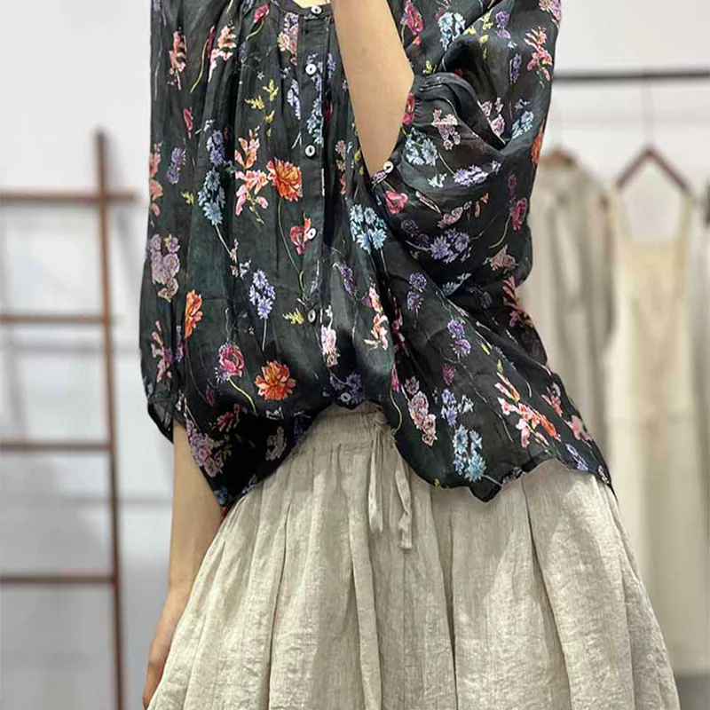 Imagem -03 - Tops de Escritório Feminino Estético Floral Casual Estilo Chinês Retrô Manga Curta Estampa com Gola o Roupas Femininas de Algodão Verão Novo 2023