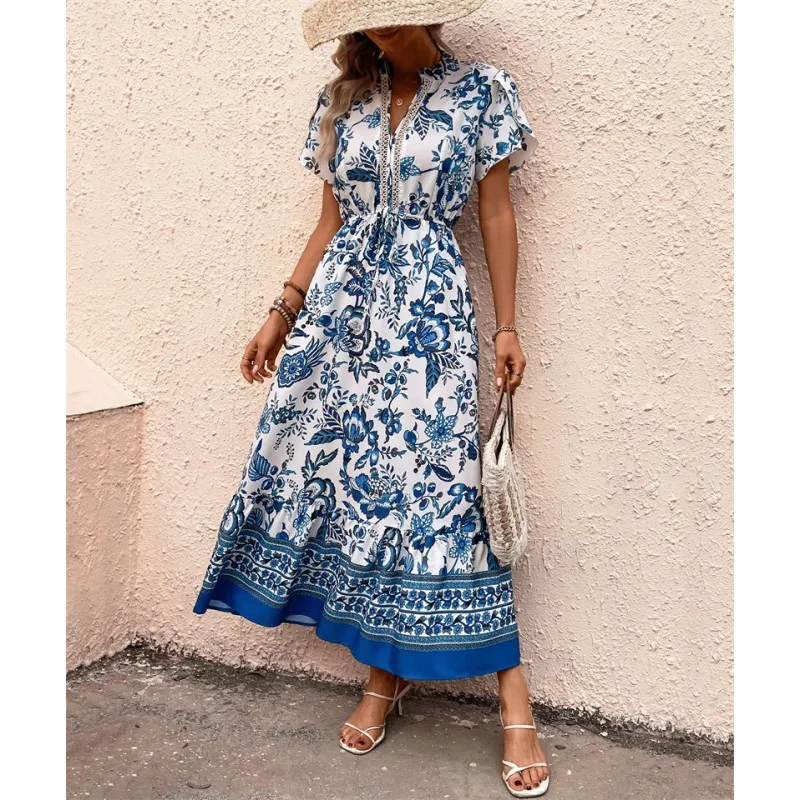 Summer Floral Print Women's Dr Casual Street Sle Long Skirt Princ Ball Gown V-Ne ort Sve A-Line Midi Dr