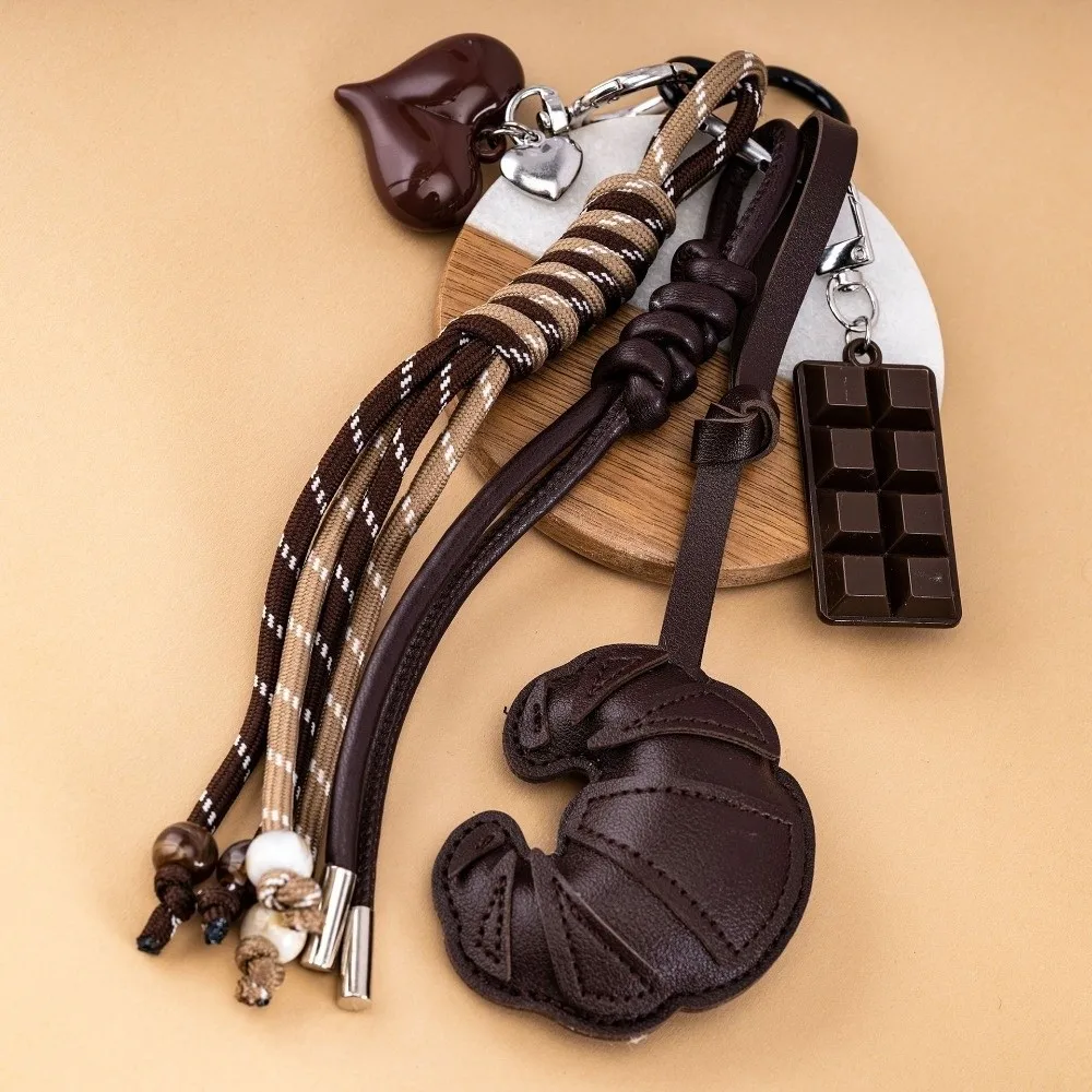 New Braided Rope Croissant Keychain Bread Shape Heart Bag Pendant Leather Chocolate Bag Charms Ornaments Bag Decoration