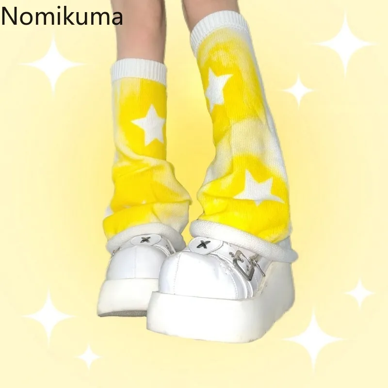 Y2k harajuku estrela amarela malha perna capa japonês kawaii feminino perna mais quente meias mulher meninas streetwear moda legwarmers