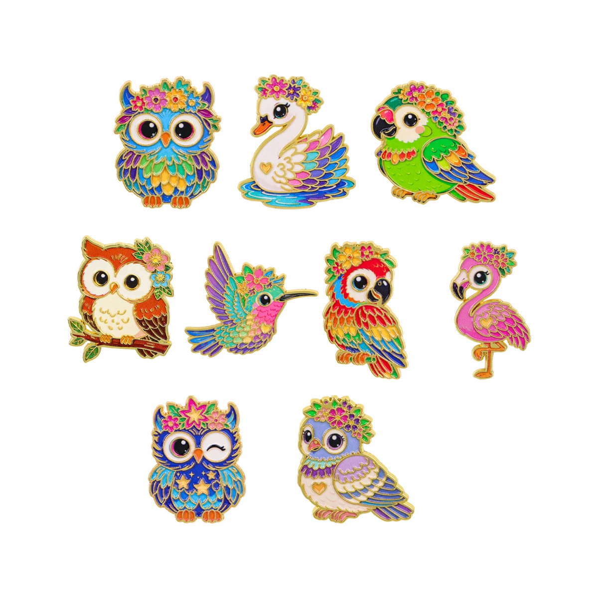 9-teiliges Set Bunte Blumen-Vogel-Eulen-Emaille-Pins Niedliche Papageien-Flamingo-Metall-Anstecknadeln Schmuck Kleidung Rucksack Accessoires Geschenke – Detail 7
