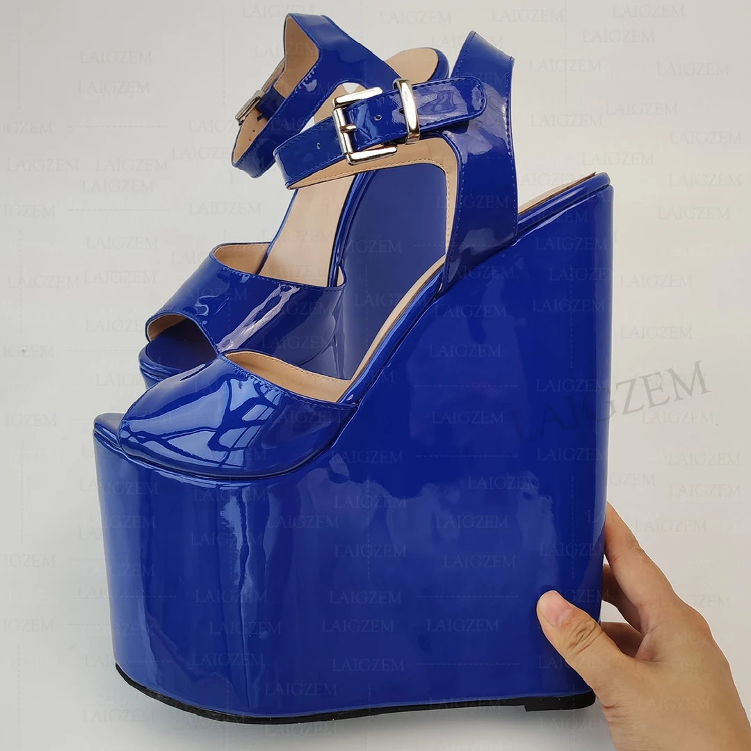 

DOHBANER Women Sandals Platform Wedges 22CM High Heels Pumps Peep Toe Ladies Handmade Shiny Shoes Woman Big Size 36 41 43 45 48