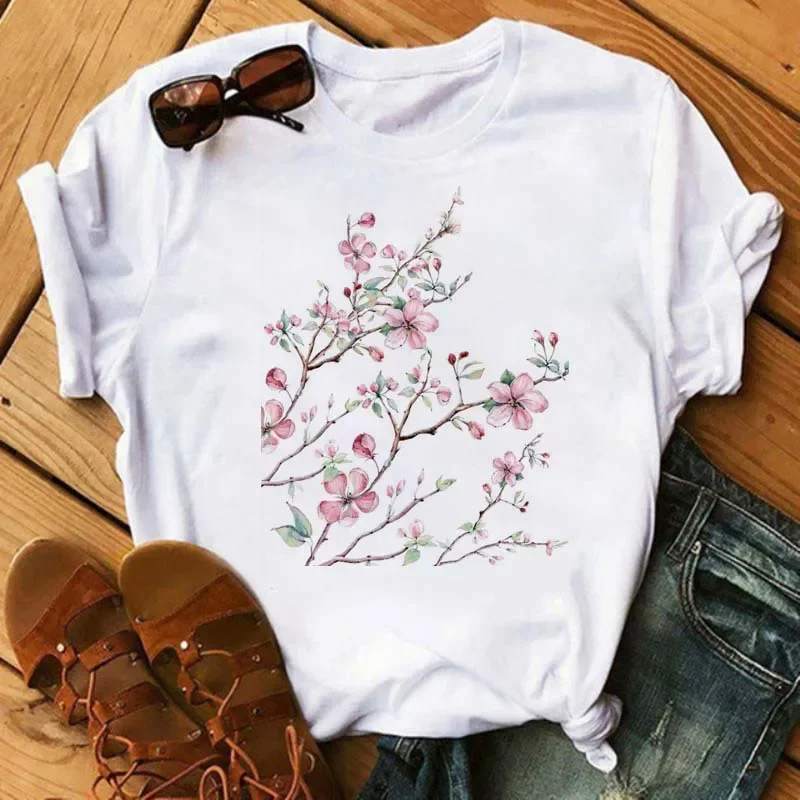 

Flower Plant Pattern Cute Cartoon Retro Base Shirt Short Sleeve T-shirt Women European and American Style Tops Clothes