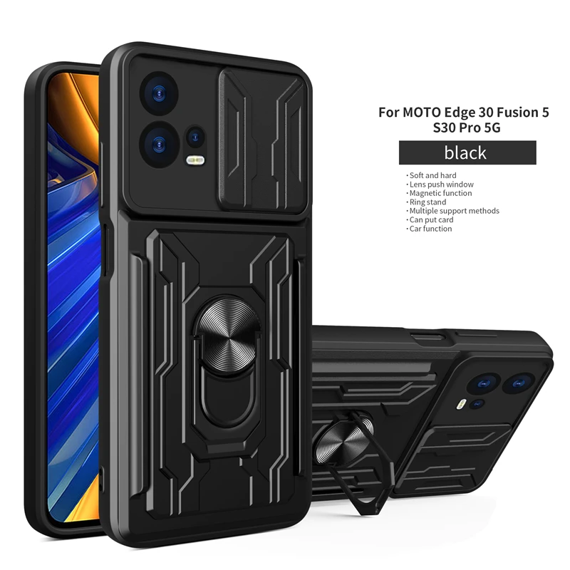 Armor Shockproof Case For Motorola Edge 30 Funsion 30 Ultra G22 G32 G13 G23 G53 Slide Push Window Card Slot Holder Back Cover