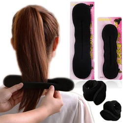 Esponja rizador de pelo negro para mujer, 2 uds., espuma mágica perezosa, Donut Twist, DIY, herramienta para trenzado de pelo largo, banda para el pelo con cabeza de albóndiga