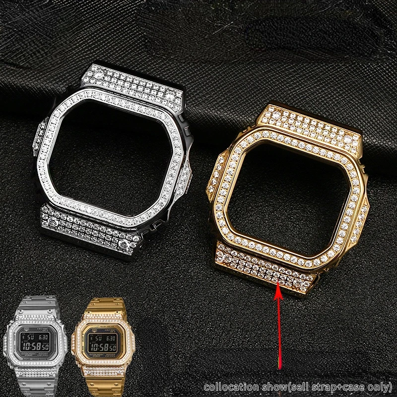 For CASIO DW-5600 GWM5610 GWB5600 DW5600 Diamond Inlaid Strap & Case Bezel Metal Band 316L Stainless Steel Bracelet Free tools