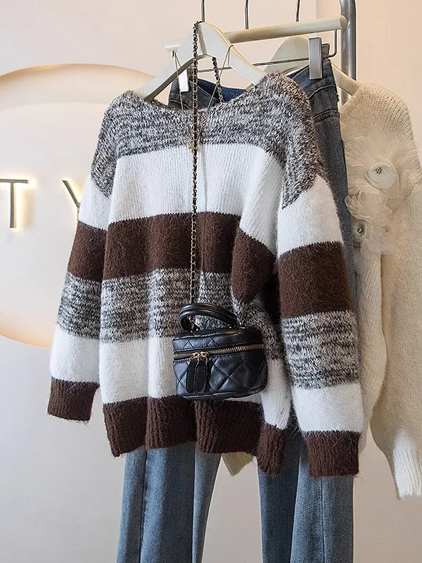 

plus Size Women's Knitted Sweater Striped Loose Outerwear Autumn Winter Faion Comfortable Casual Sle Knit Top