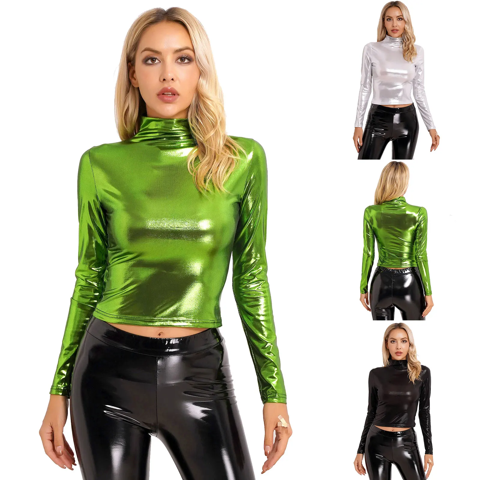 Womens Metallic T Shirt Long Sleeve Fashion Shiny Slim Fit Mock Neck Tops Streetwear Top for Cocktail Party Club Music Festival