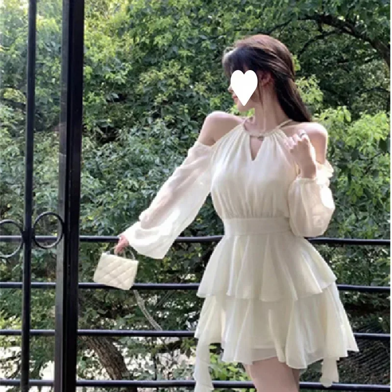 Spring Summer New Plus-Size French Style Long Sleeve Dress Fairy Women's Waist-Fitted Tulle Mini Dress Ruffle Edge Cake Skirt