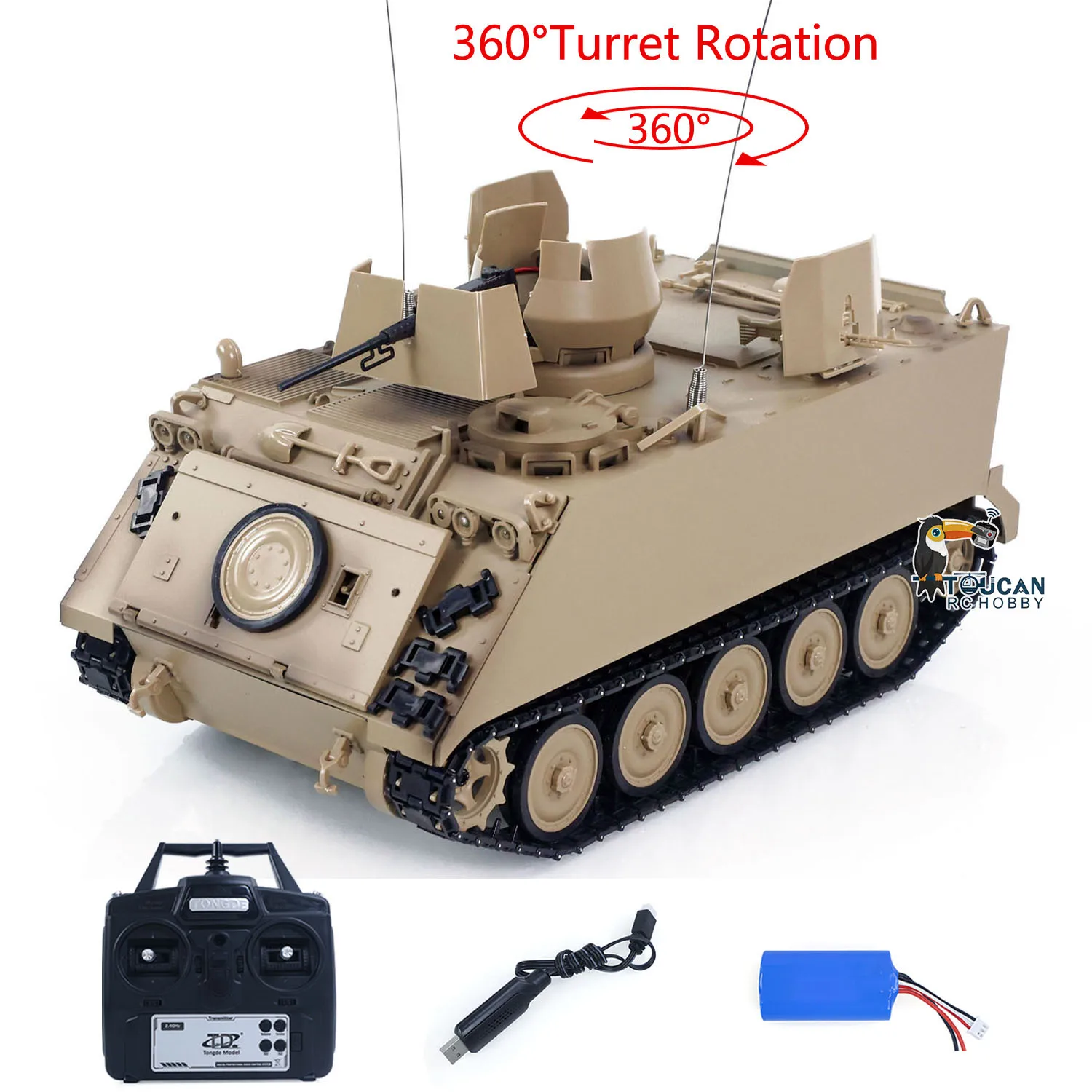 Tongde 1/16 M2412-B M113A1 ACAV RC Tank 360°Turret Rotation Smoke Light Sound RTR Electric Remote Control Replica Toys