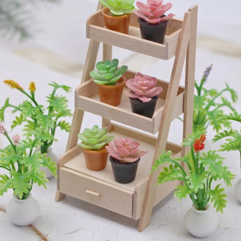 Wood Shelf Dollhouse Plant Miniature Garden Tool Storage Rack and Flower Display Stand Decorative Bracket Dropshipping