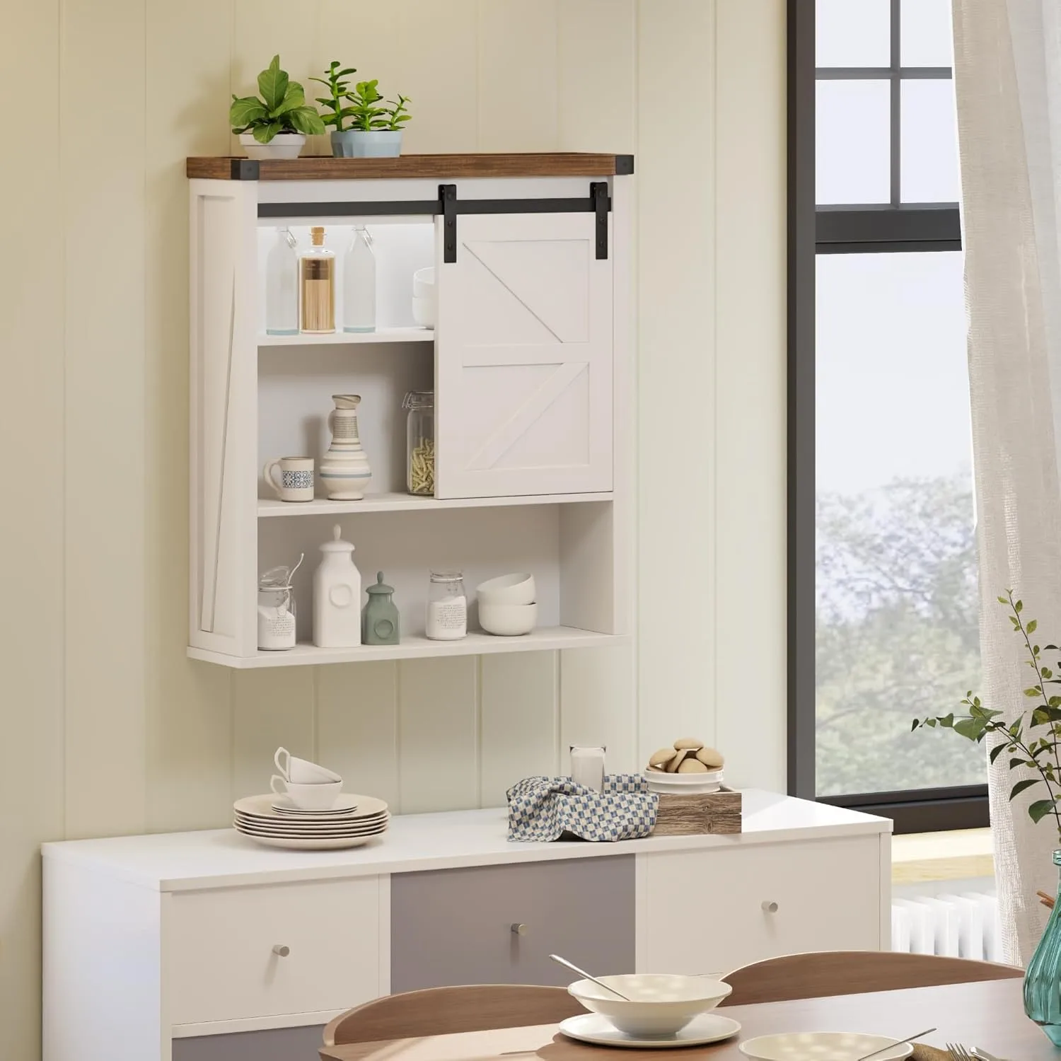 Cabinet with Sliding Barn Door and 3-Tier Shelves, Wall Mounted Storage Cabinet for Toilet, Kitchen,