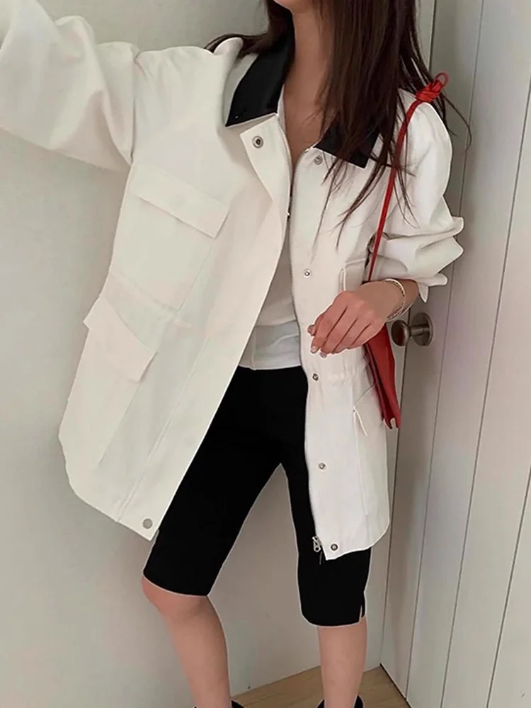 

SuperAen корейский стиль осенняя новая повседневная куртка контрастного цвета с воротником-поло и карманами с длинными рукавами для женщин пальто