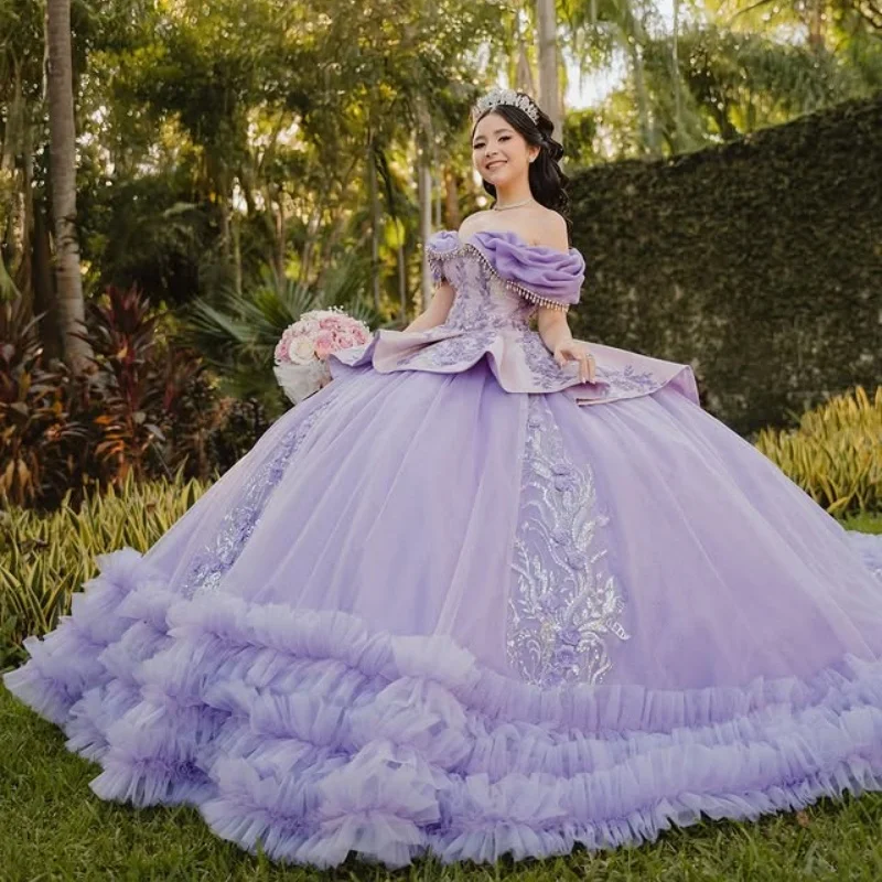 Shiny lavender Quinceanera Dress off-shoulder glitter decal Lace layering Tull Bow tail vestidos de 15 Quinceanera ﻿Customized