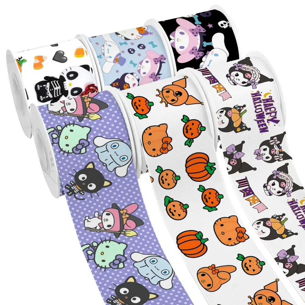 Halloween Theme Friends Sanrio Pattern Printed Grosgrain Satin Ribbon for Gift Wrapping Hair Bow Craft Accessory 50 Yards