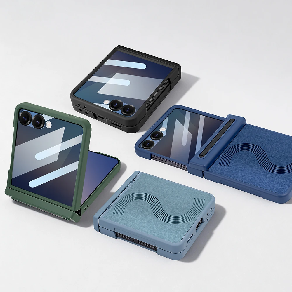 Etui na telefon Samsung Galaxy Z Flip 7/6, zintegrowane etui i folia ochronna, z piórem, o wyglądzie w paski. — zdjęcie produktu 6