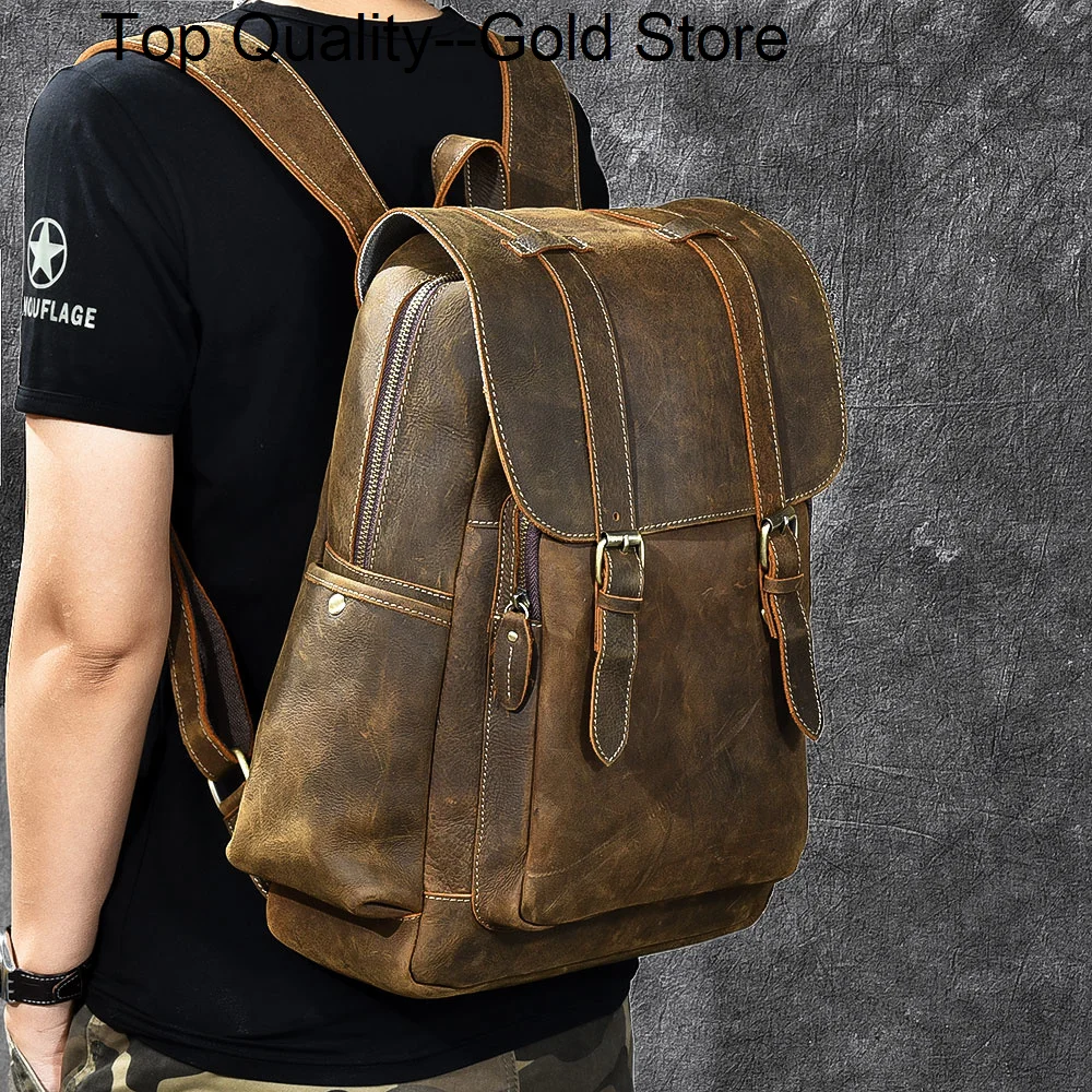 Designer Brand Men Oil Genuine Leather Backpack Vintage Daypack Multi Pocket Rucksack Travel real Tote Bolsa bagpack