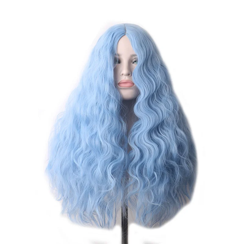 Blue Wig 73CM Long Curly Wig for Women Sythetic Fiber Heat Resistant Middle Part Bangs Lovely Gift Peluca