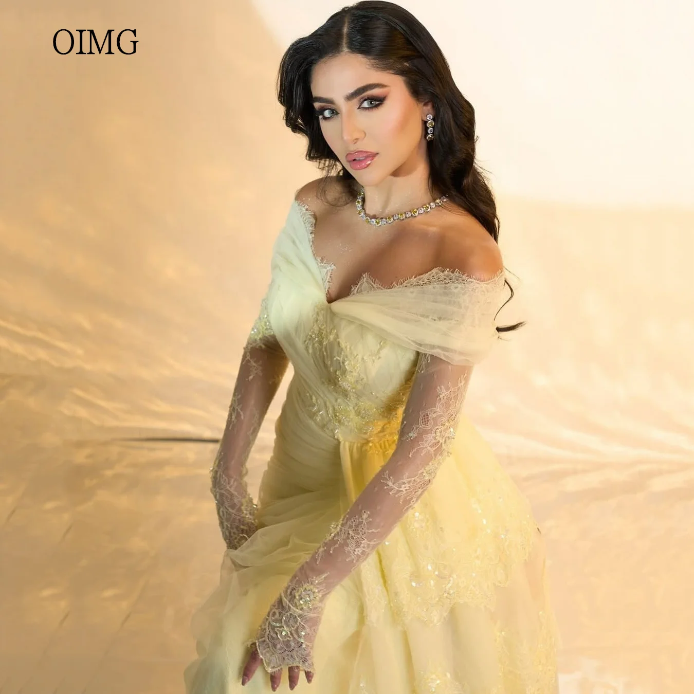 

OIMG Luxurious Yellow Mermaid Prom Gowns Off The Shoulder Sequined Party Gown Saudi Floor Length Evening Dress Customized