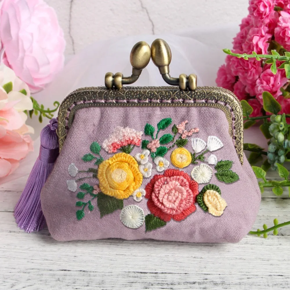 Embroidery DIY Ribbon Flowers Bags Purse Wallet Handbag, Cross Stitch Kit for Beginner Needlework Sewing Arts Craft Friend Gifts